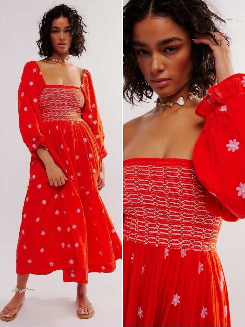 Free People Dahlia Embroidered Maxi Dress Red Floral Smocked Boho Cottagecore L
